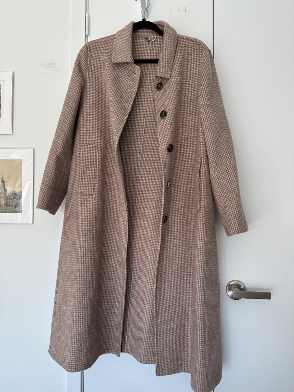 Checkered long Wool Coat Beige 100% Wool Like New XL - Picture 4 of 5